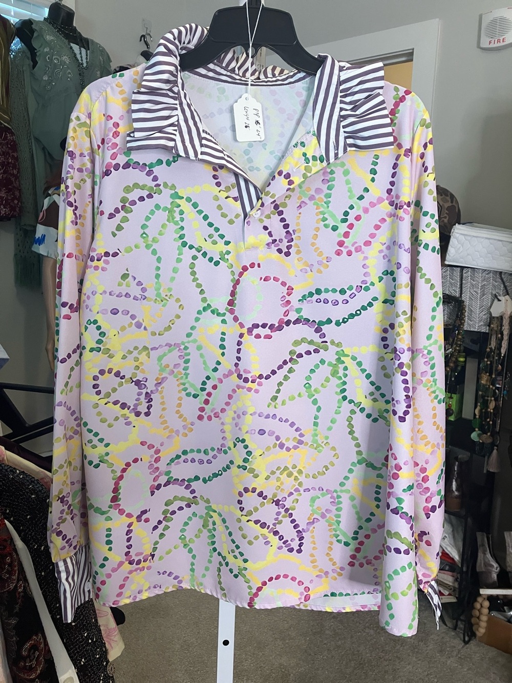 Lavender Multicolor Dot-Print Button-Down Shirt with Striped Collar